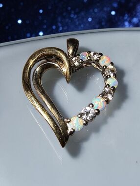 10K Gold And Sterling Silver Heart Pendant With Opals And White Topaz